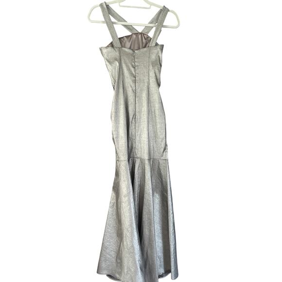Vintage Jessica McClintock Pewter Silver Rosette Ruched Metallic Mermaid Gown  6 - Picture 6 of 11